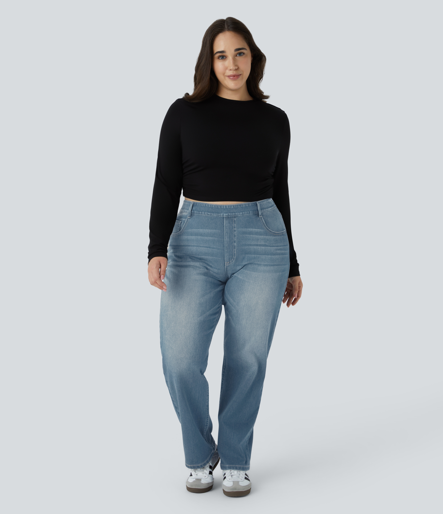 FlexHigh Waisted Pockets Straight Leg Washed Casual Plus Size Jeans
