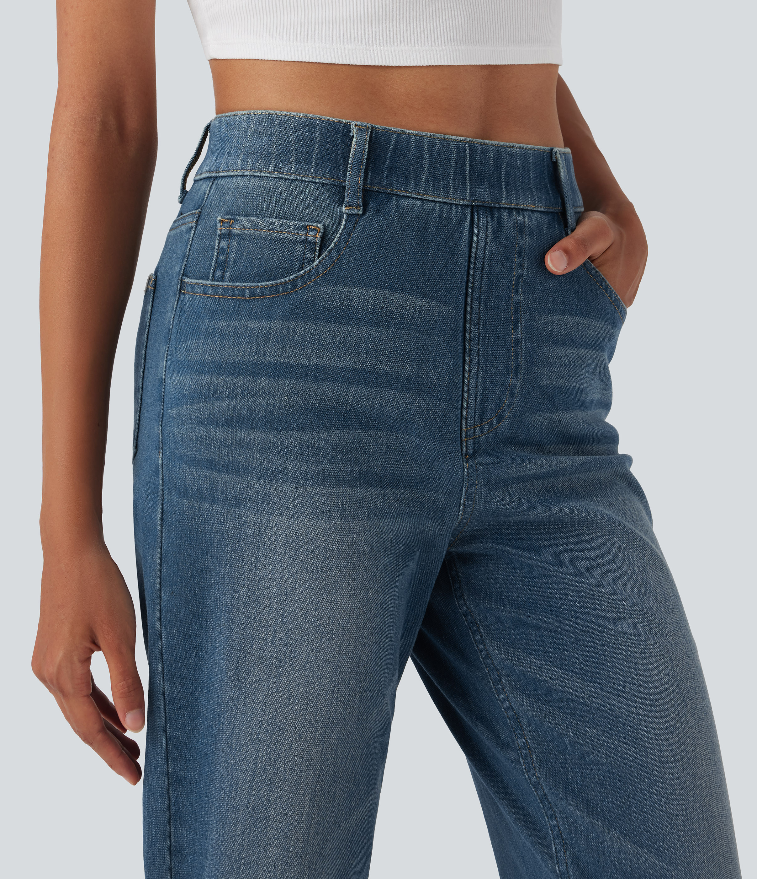 FlexHigh Waisted Pockets Straight Leg Washed Casual Jeans
