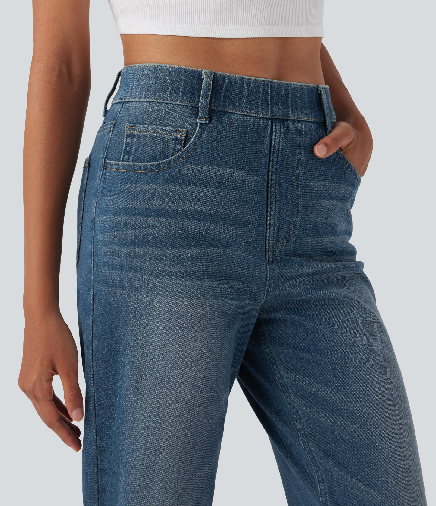 FlexHigh Waisted Pockets Straight Leg Washed Casual Jeans