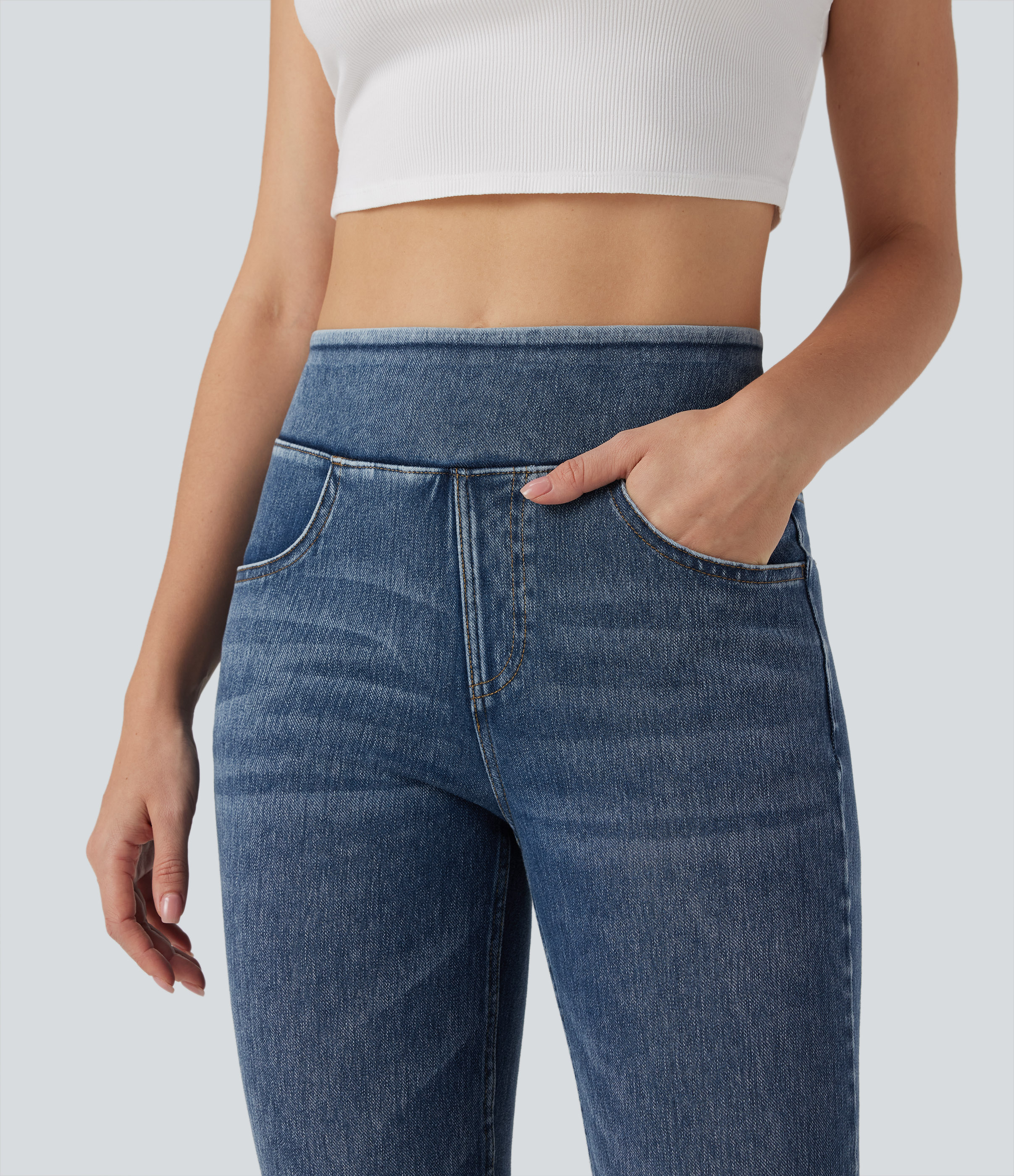 FlexHigh Waisted Washed Casual Bootcut Jeans with Pockets
