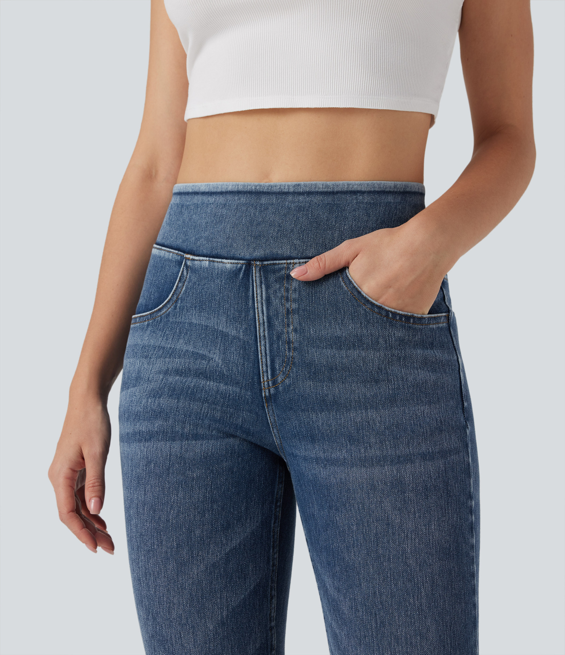 FlexHigh Waisted Washed Casual Bootcut Jeans with Pockets