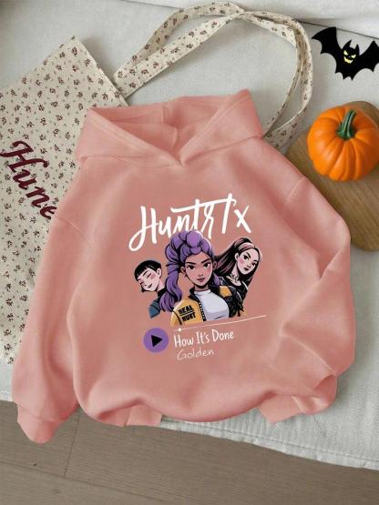 Girls' Kpop Hunter Series Hoodie, Long Sleeve Cartoon Print Pullover, Casual Comfortable Spring & Fall Fashion, Fitted Style, Graphic Casual Hoodie