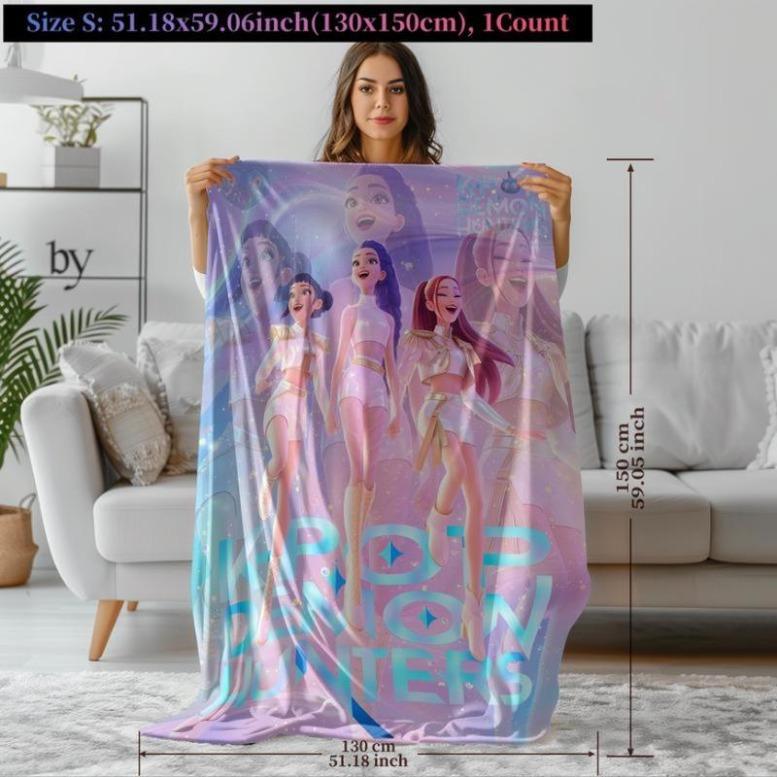 K-POP Demon Hunters Flannel Blanket Dreamy Purple Pink Anime Style Soft Cozy Lightweight Warm Throw Sofa Bed Travel Nap Office Camping Air Conditioner Use Perfect Holiday Gift Home Decor KPOP Fans Teen Girls Halloween Christmas Gift