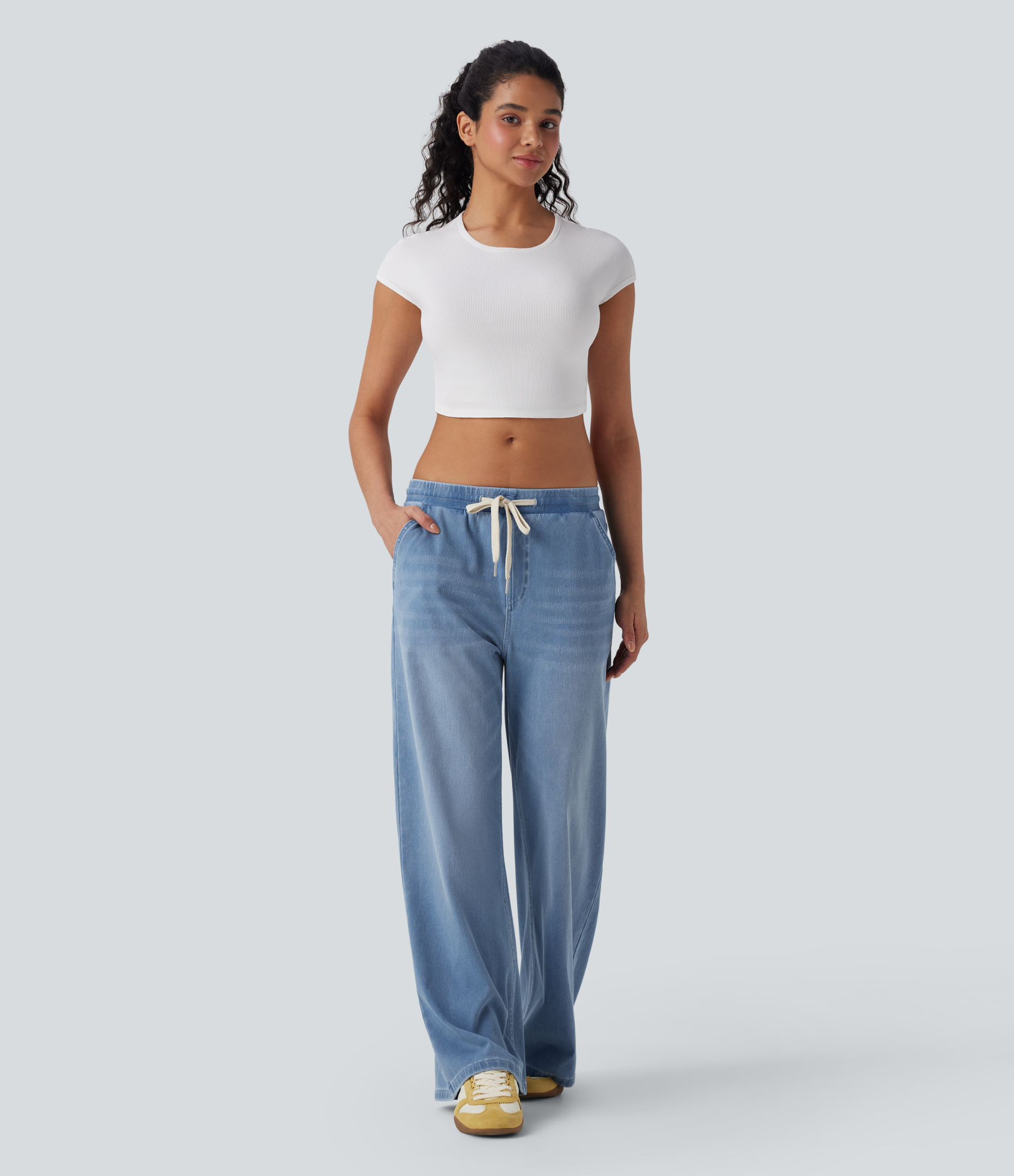 FlexLow Rise Drawstring Stretchy Knit Casual Baggy Sweatpants Jeans with Multiple Pockets