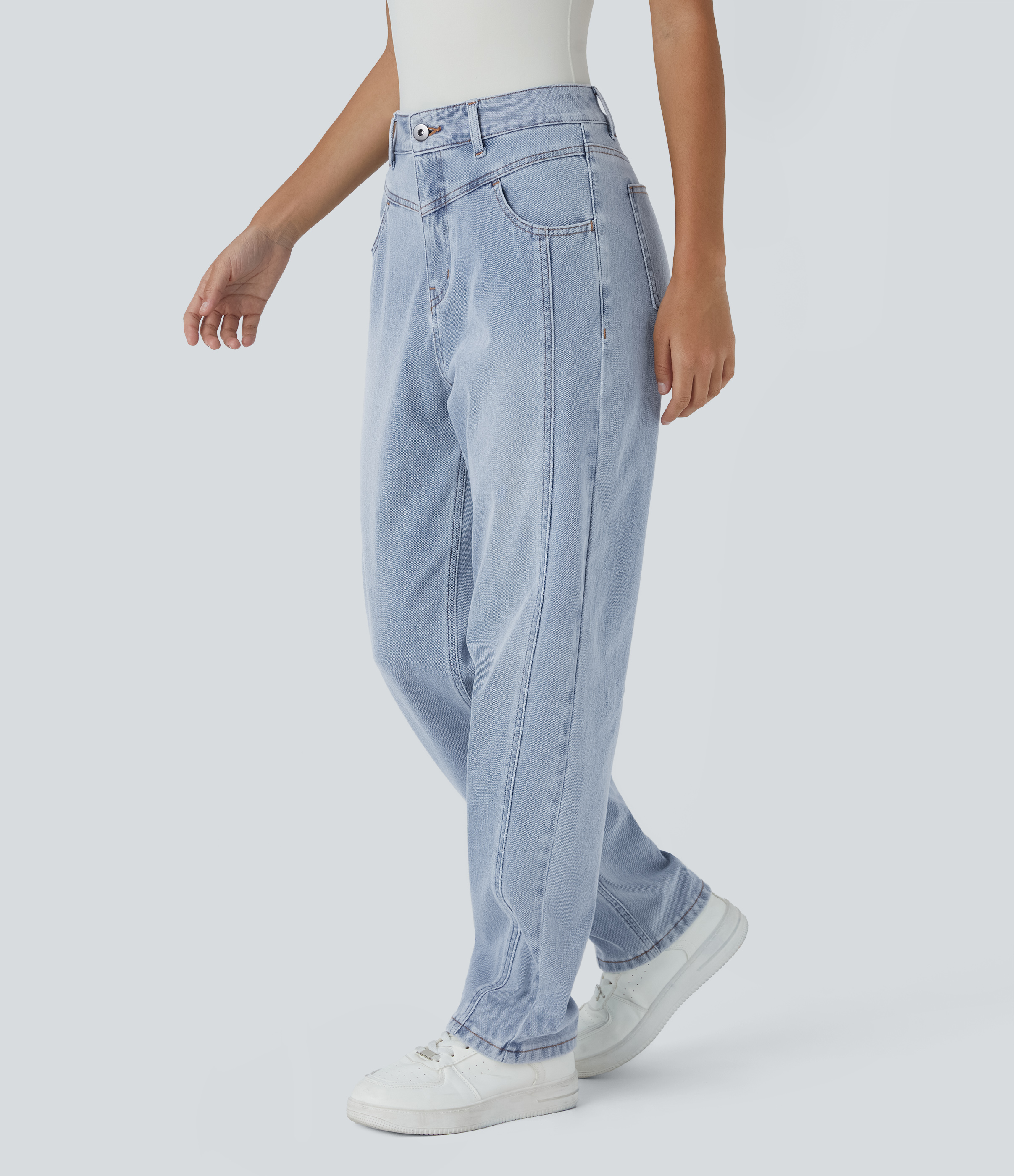 FlexHigh Waisted Zipper Pockets Washed Casual Jeans