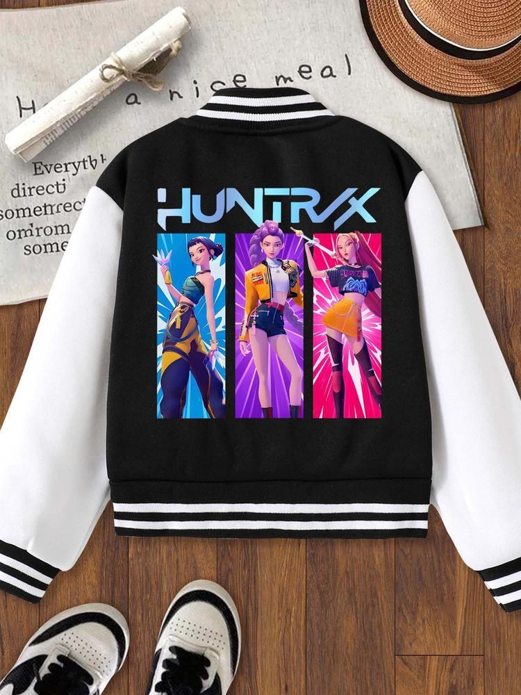 Girls Halloween Christmas Short Baseball Jacket, Casual Sports School Uniform, Elastic Fabric, Youth Fashion, Fall Winter Outerwear