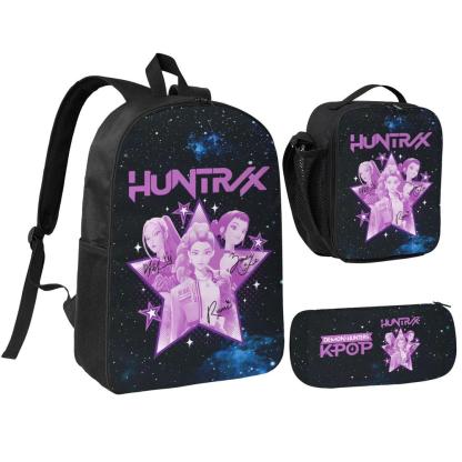 3PCS Large Capacity K-POP Demon Hunters Backpack Set - Black Laptop Schoolbag + Insulated Portable Lunch Bag + Pencil Case, Fashionable Functional Bag for Teens Men Women, Great for Daily Use & Gifts