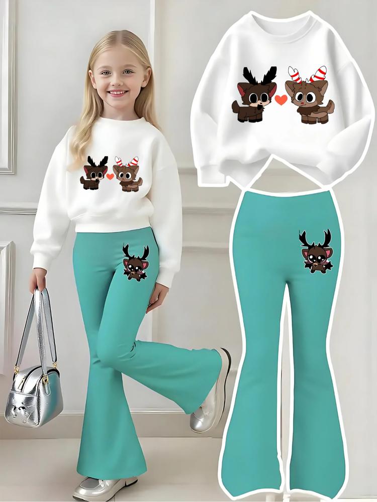 Girls' Cartoon Print Sweatshirt & Elastic Leggings Set, Casual Fitted for Spring & Fall, Kids Outdoor Indoor Activities