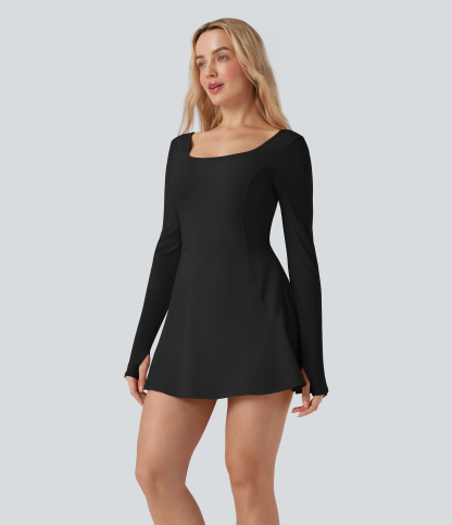 SoftlyZeroAiry U Neck Long Sleeve Thumb Hole 2-in-1 Cool Touch Mini Dance Active Dress with Pockets-Easy Peezy