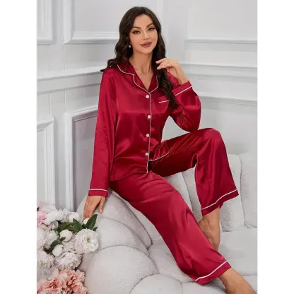 Women'S Red Satin Pajama Set - Long Sleeve, Button-Up, Casual Style, Perfect for Fall/Winter, Cozy Home Wear, Cozy Home Wear | Satin Finish | Satin Fabric