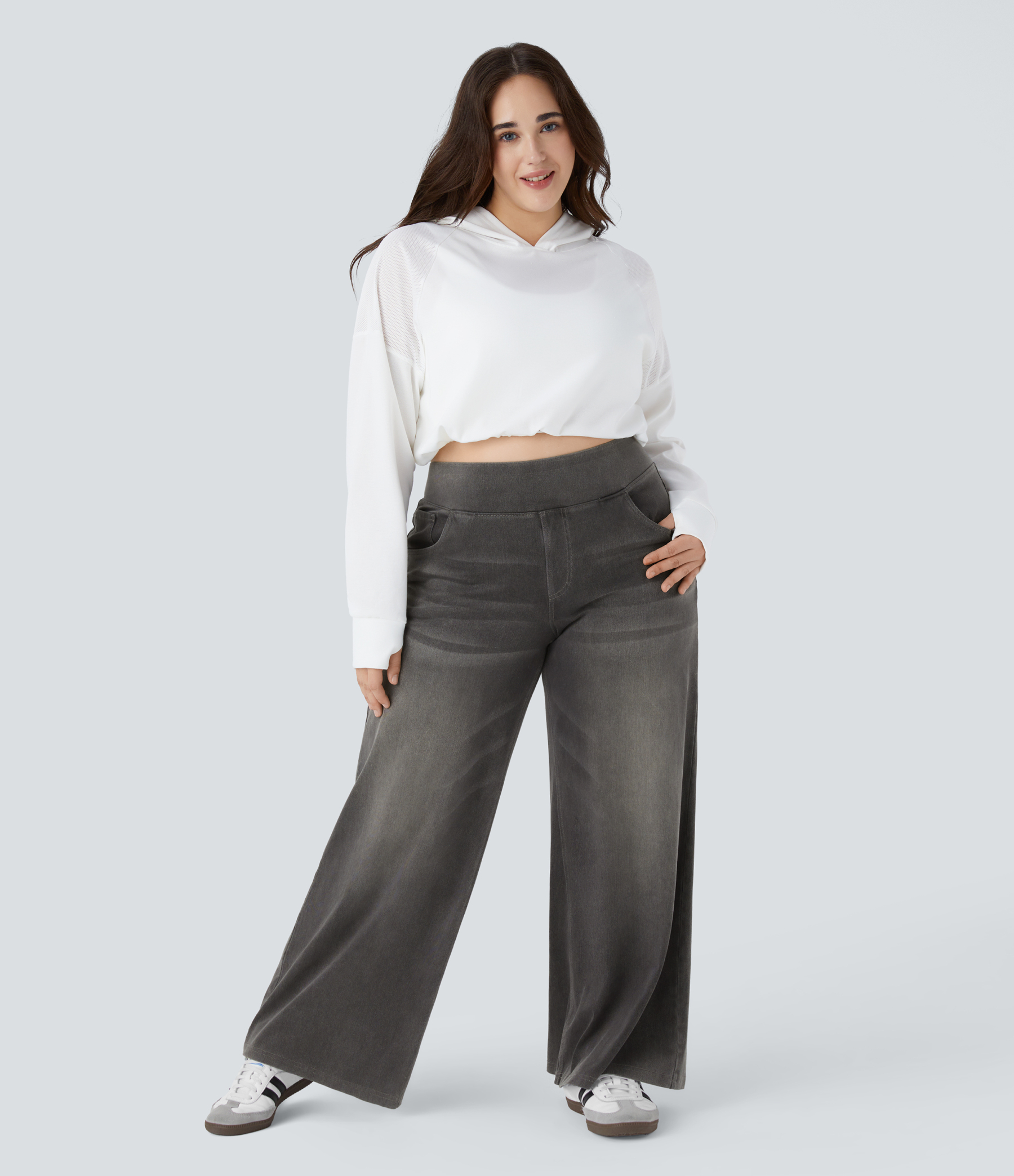 FlexHigh Waisted Pockets Baggy Wide Leg Washed Casual Plus Size Jeans