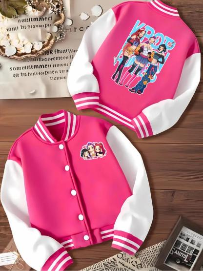 Girls Halloween Ghost Festival Short Baseball Jacket, Casual Sporty School Uniform, Elastic Fabric, Youth Outdoor Indoor Activities, Teen Titans Jackets