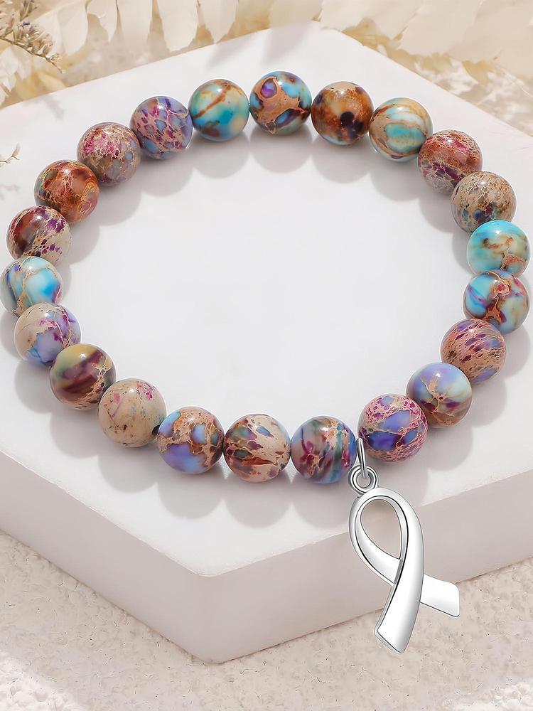 Cancer Survivor Gifts for Men Women, Breast Cancer Awareness Bracelets, Healing Natural Stone Beaded Bracelets, Inspirational Bracelets Gifts for Men Women