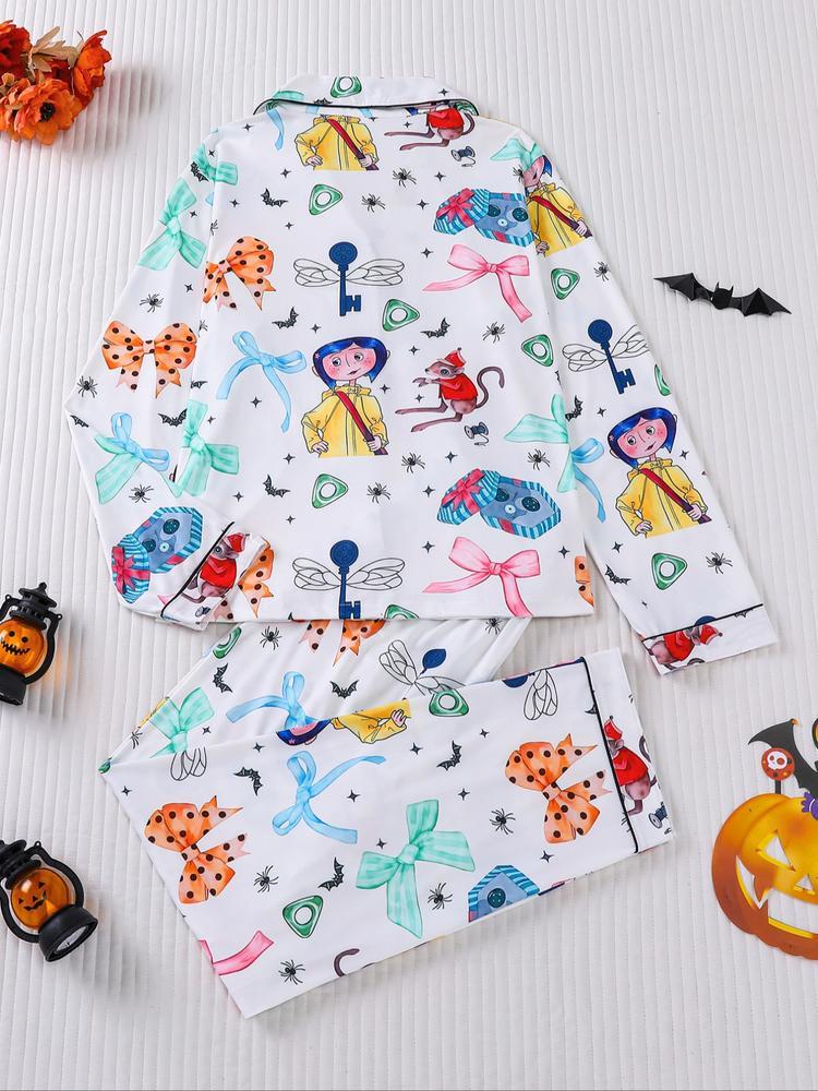 Women's Cartoon Print Pajama Set, Long Sleeve Shirt Collar Top & Elastic Pants, Casual Fall Winter Sleepwear, Comfortable Home Wear