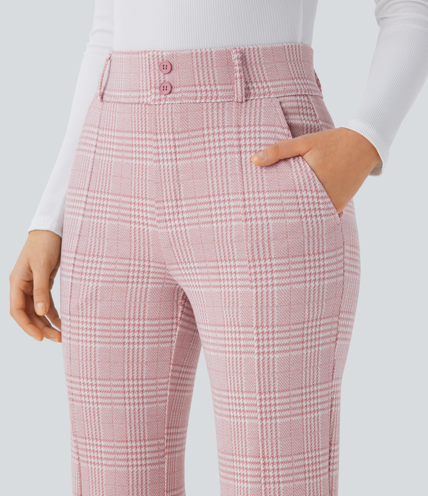 FlexHigh Waisted Decorative Pocket Houndstooth Plaid Work Flare Pants