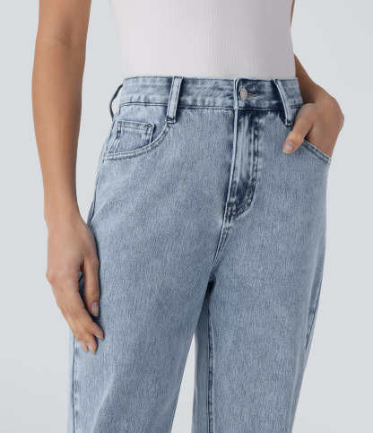 FlexHigh Waisted Zipper Pockets Straight Leg Casual Jeans