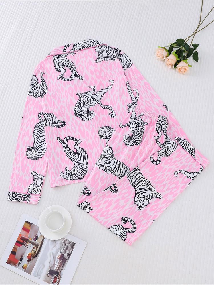 Women's Tiger Print Pajama Set, Fall & Winter Casual Sleepwear, Comfortable Long Sleeve Button-Up Top and Elastic Pants, Home & Outdoor Wear