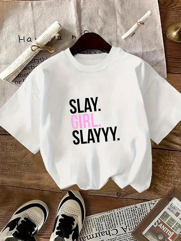 Girls Summer Fashion Creative Letter Print Short Sleeve T-Shirt, Casual Outdoor Activities Comfortable Wear, Fitted Style