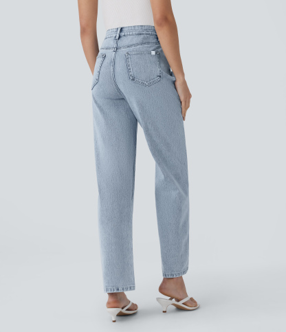 FlexHigh Waisted Zipper Pockets Straight Leg Casual Jeans