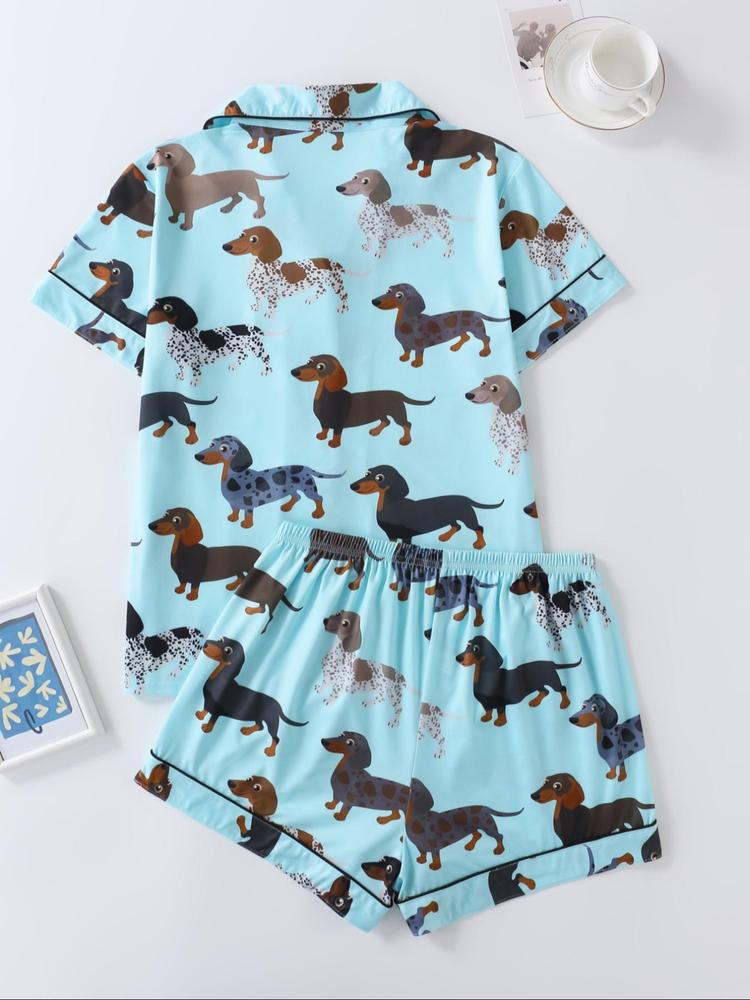 Women's Cartoon Dog Print Short Sleeve Matching Pajamas Two-piece Set, Casual Comfy Lapel Neck Button Design Pj Set for Daily Home Wear, Ladies Sleepwear for All Seasons, Loungewear,  Womenswear, Pastel Cute Pajamas, Breathable Stylish Pajama