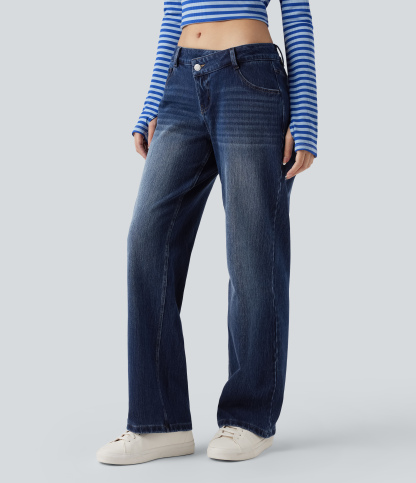 FlexAsymmetric Low Rise Straight Leg Casual Jeans with Pockets