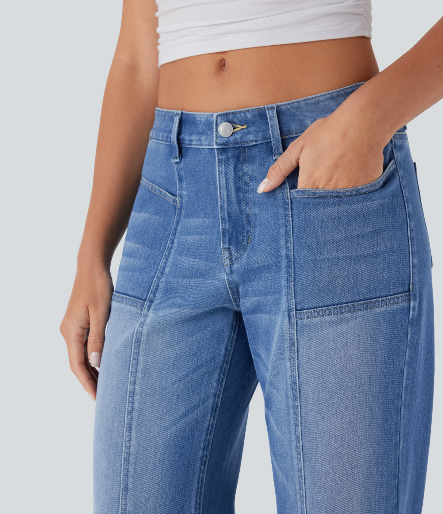 FlexLow Rise Zipper Pockets Baggy Wide Leg Flare Washed Casual Jeans