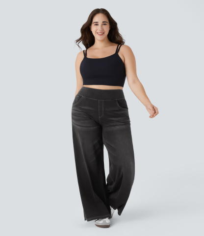 FlexHigh Waisted Pockets Baggy Wide Leg Washed Casual Plus Size Jeans