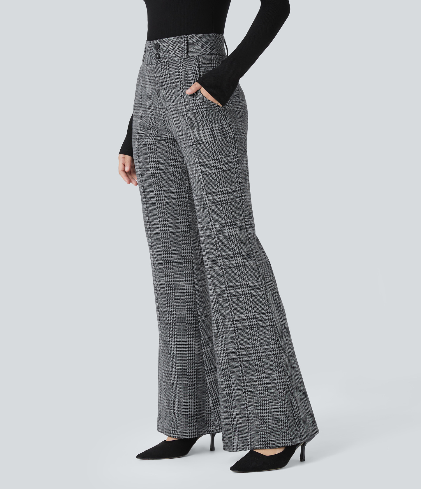 FlexHigh Waisted Decorative Pocket Houndstooth Plaid Work Flare Pants