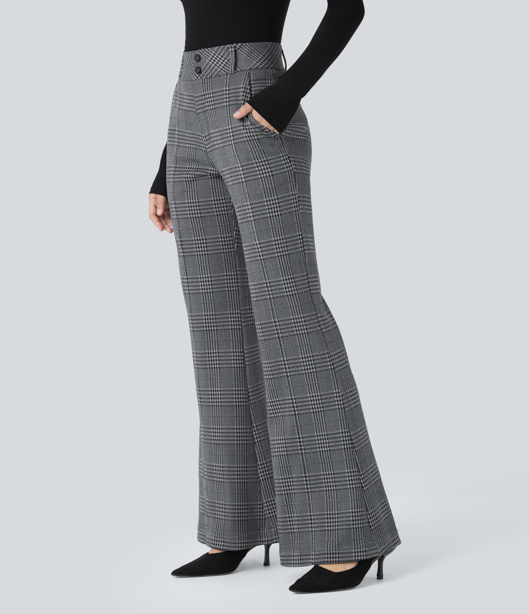 FlexHigh Waisted Decorative Pocket Houndstooth Plaid Work Flare Pants