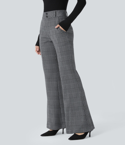 FlexHigh Waisted Decorative Pocket Houndstooth Plaid Work Flare Pants