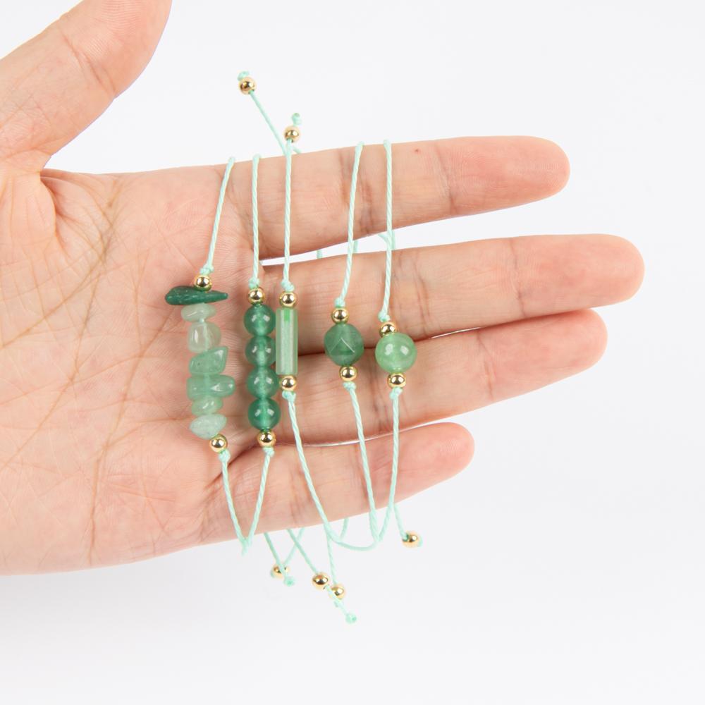 5 Pcs Green Dong ling Natural Adjustable Braided Bracelet, Jewelry Gift For Your Girlfriend On Valentine's Day, Includes Card Descriptions, Elegant Handcrafted Natural Stone Bead Crystal Bracelet Prosperity Handmade Wish