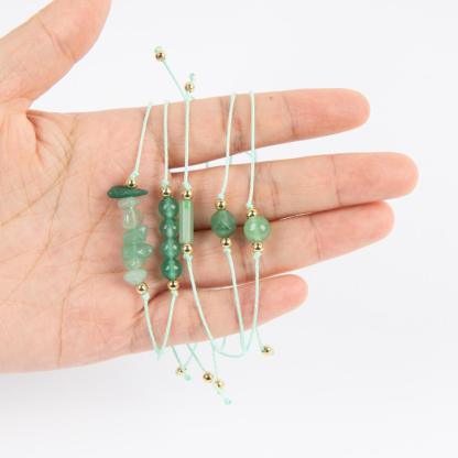 5 Pcs Green Dong ling Natural Adjustable Braided Bracelet, Jewelry Gift For Your Girlfriend On Valentine's Day, Includes Card Descriptions, Elegant Handcrafted Natural Stone Bead Crystal Bracelet Prosperity Handmade Wish
