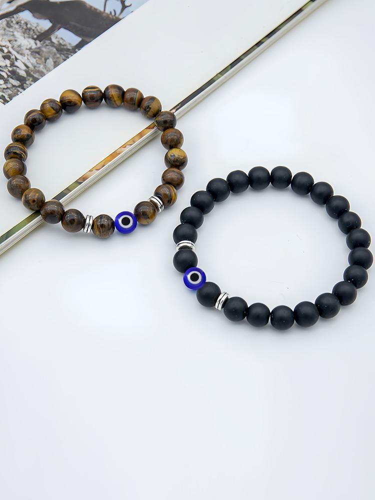 1PC Handmade Natural Stone Bracelet with Evil Eye Pendant, Vintage Bohemian Style Jewelry Gift Set with Good Luck Card Included