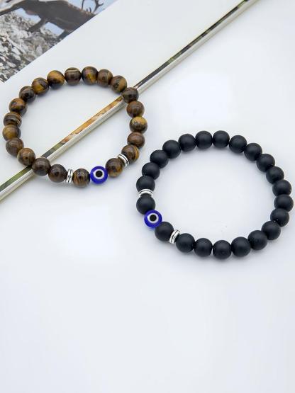 1PC Handmade Natural Stone Bracelet with Evil Eye Pendant, Vintage Bohemian Style Jewelry Gift Set with Good Luck Card Included