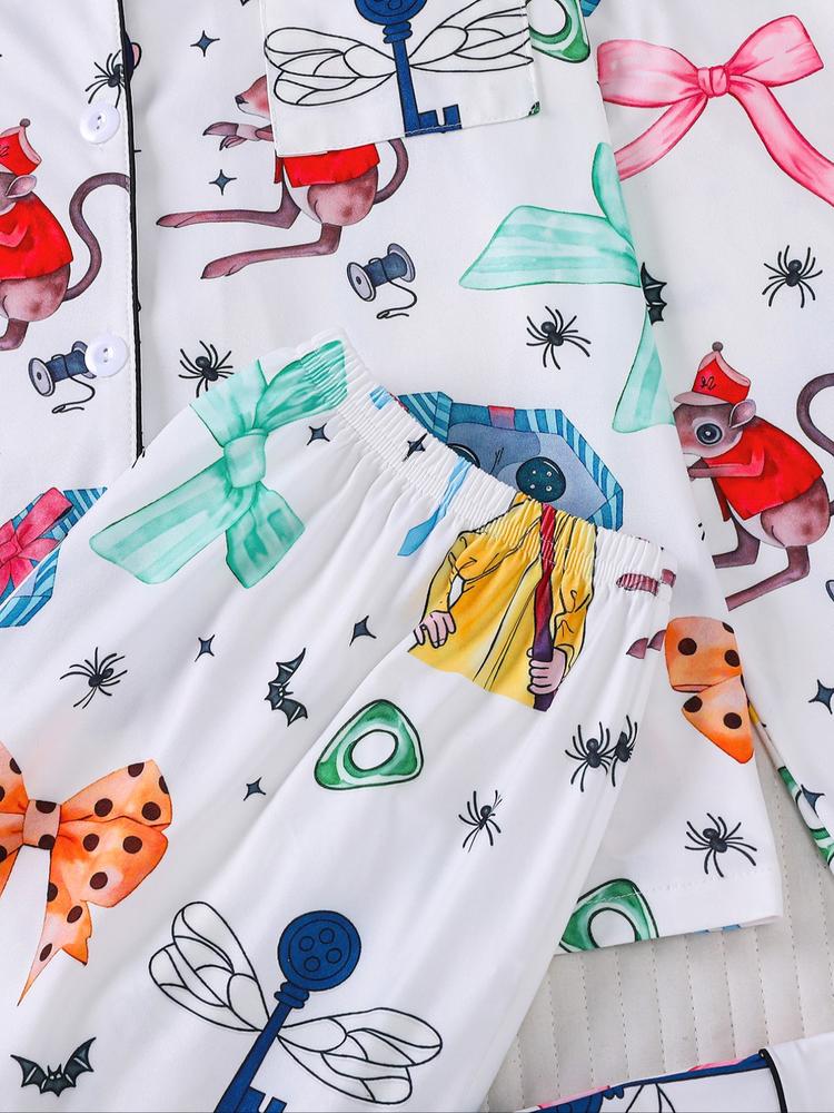 Women's Cartoon Print Pajama Set, Long Sleeve Shirt Collar Top & Elastic Pants, Casual Fall Winter Sleepwear, Comfortable Home Wear