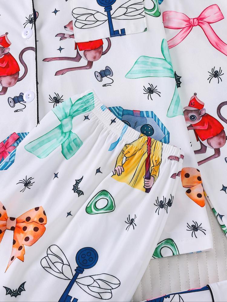 Women's Cartoon Print Pajama Set, Long Sleeve Shirt Collar Top & Elastic Pants, Casual Fall Winter Sleepwear, Comfortable Home Wear