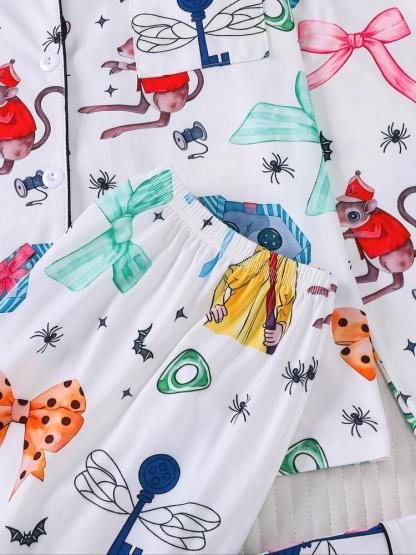 Women's Cartoon Print Pajama Set, Long Sleeve Shirt Collar Top & Elastic Pants, Casual Fall Winter Sleepwear, Comfortable Home Wear