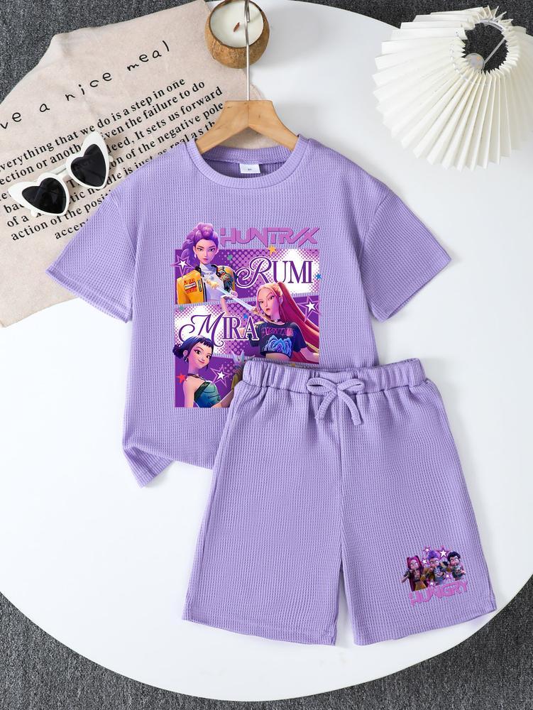 CrevNeck Teen Girls Outfit Purple Graphic Print Short Sleeve T-Shirt & Shorts Set for Spring Summer Fall Casual Wear