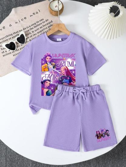 CrevNeck Teen Girls Outfit Purple Graphic Print Short Sleeve T-Shirt & Shorts Set for Spring Summer Fall Casual Wear