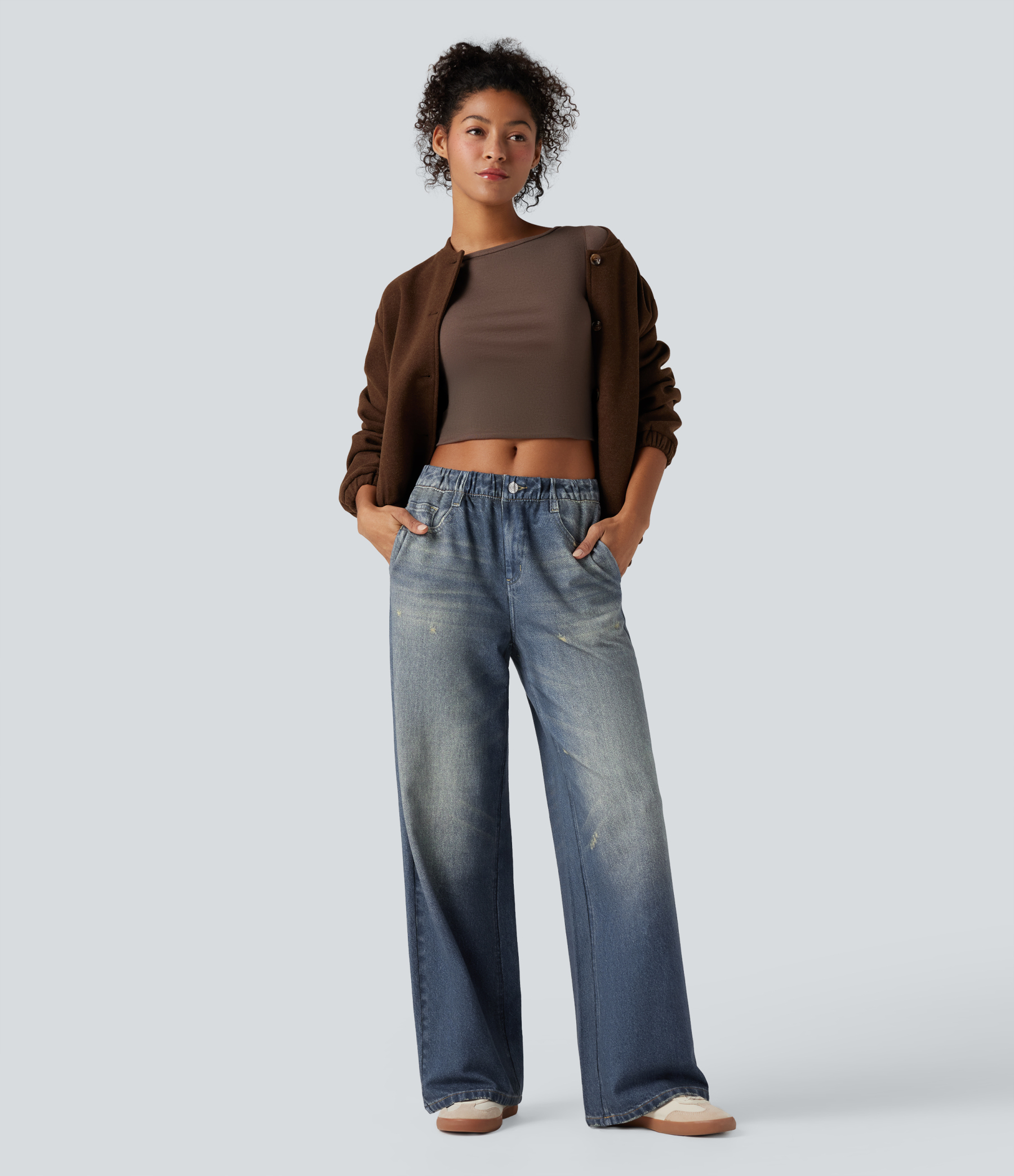 FlexMid Rise Wide Leg Casual French Terry Baggy Sweatpants Jeans with Pockets