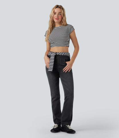FlexHigh Waisted Washed Casual Bootcut Jeans with Pockets