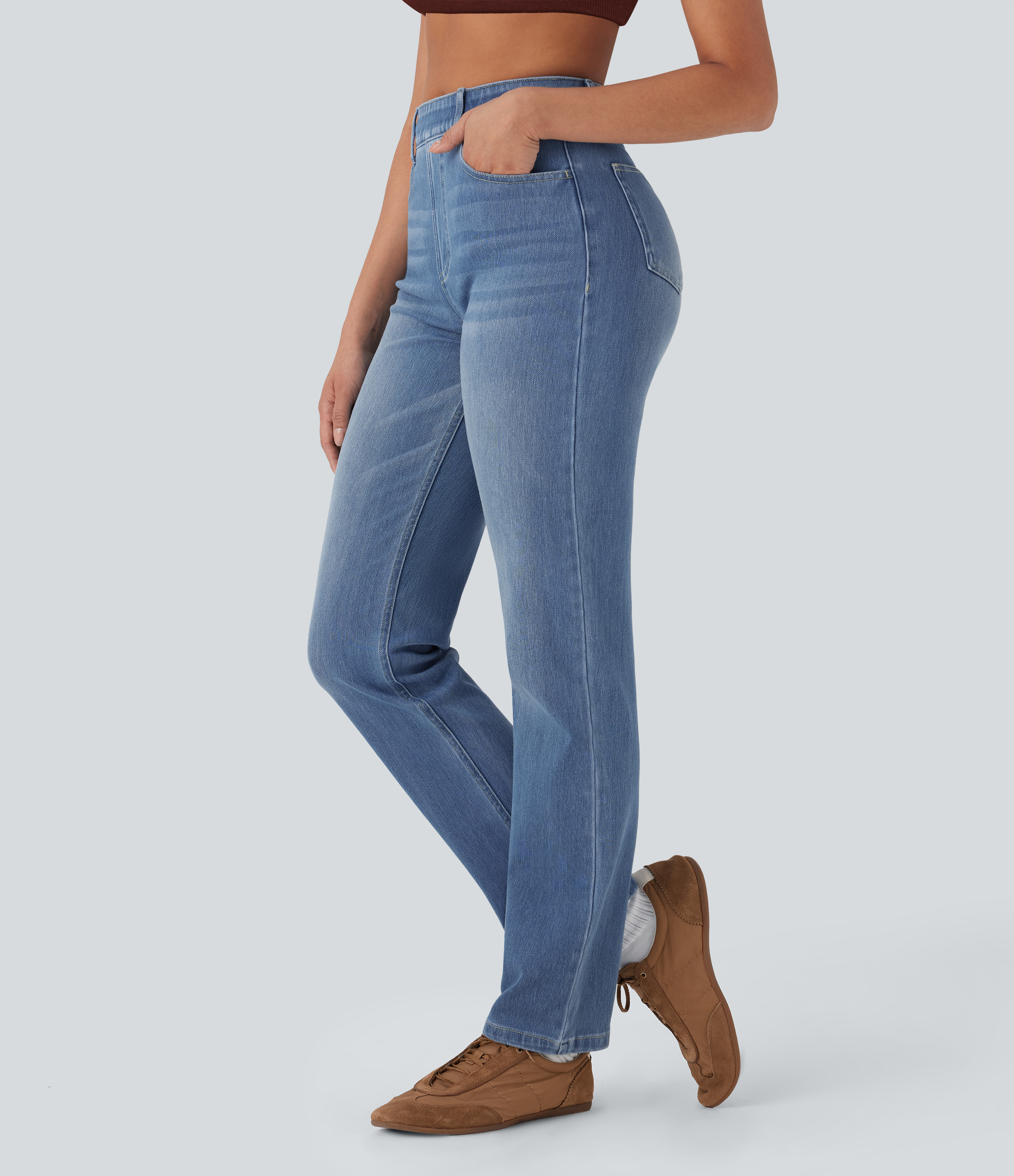 FlexHigh Waisted Pockets Straight Leg Washed Casual Jeans