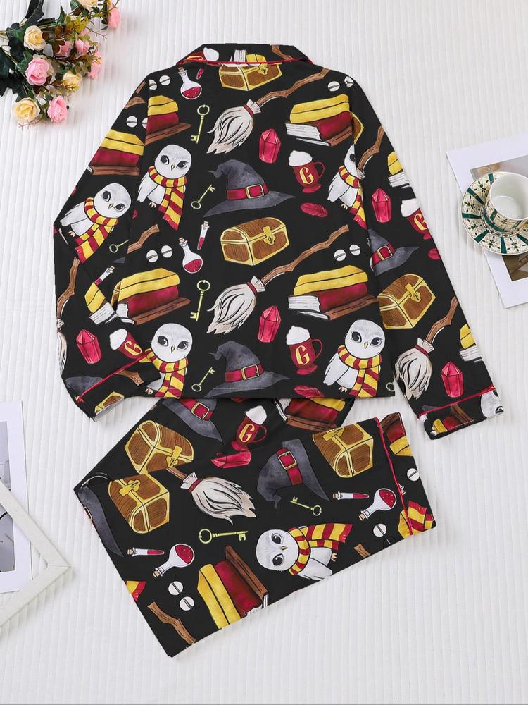 Women's 2-Piece Pajama Set, Magic Theme All-Over Print, Soft Shirt Collar Top & Elastic Pants, Casual Home Wear for Fall Winter