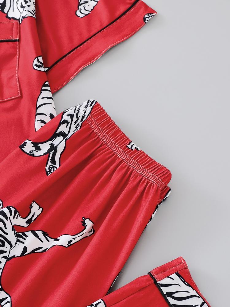 Women's Sleepwear Set, Tiger Animal Print, Elegant for Travel, Comfortable Lapel Short Sleeve Top & Wide Leg Pants, Casual Home Wear, Pajama Set