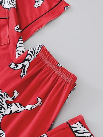 Women's Sleepwear Set, Tiger Animal Print, Elegant for Travel, Comfortable Lapel Short Sleeve Top & Wide Leg Pants, Casual Home Wear, Pajama Set