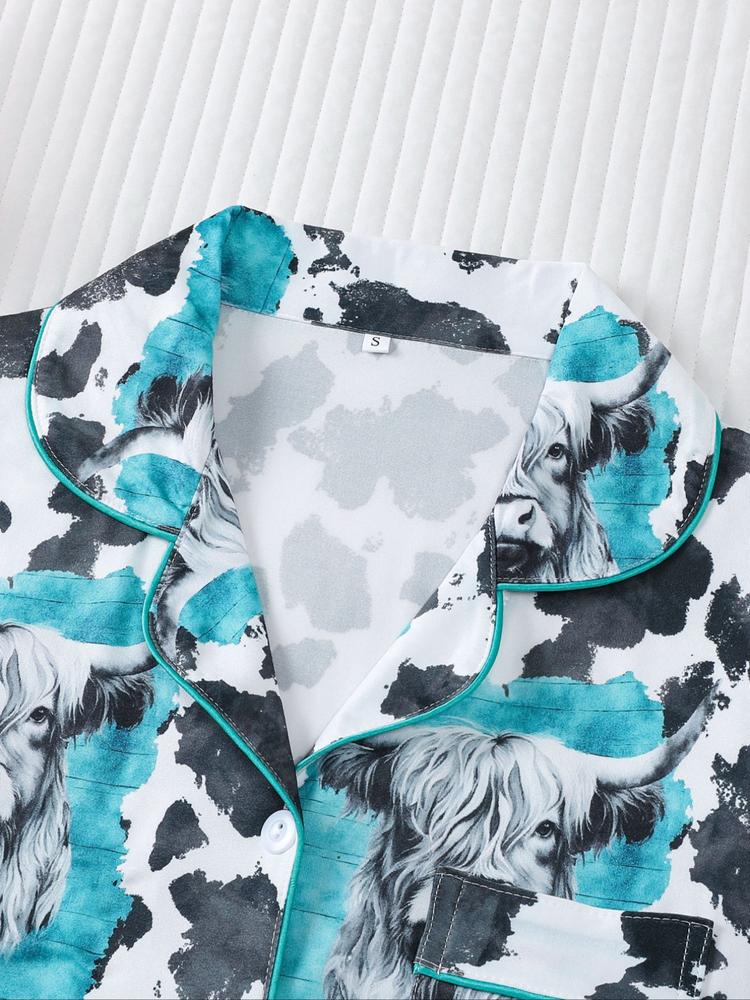 Women's 2-Piece Sleepwear Set, Highland Cow Print, Soft Shirt Collar Top & Elastic Pants, Casual Home Wear for Fall Winter