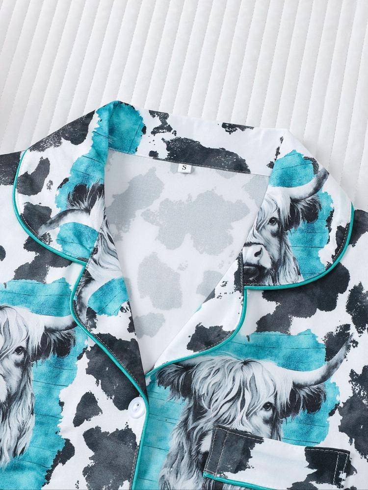 Women's 2-Piece Sleepwear Set, Highland Cow Print, Soft Shirt Collar Top & Elastic Pants, Casual Home Wear for Fall Winter