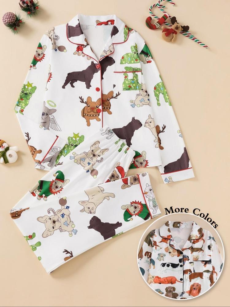 Two-piece Set Women's All Over Dog Print Lapel Neck Button Front Pajama Set, Casual Comfy Long Sleeve Top & Pants Pj Set, Women's Sleepwear for Spring & Fall