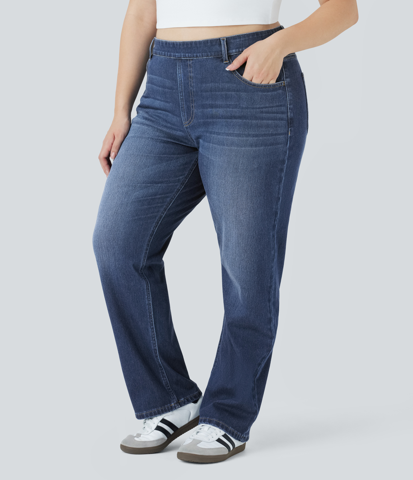 FlexHigh Waisted Pockets Straight Leg Washed Casual Plus Size Jeans