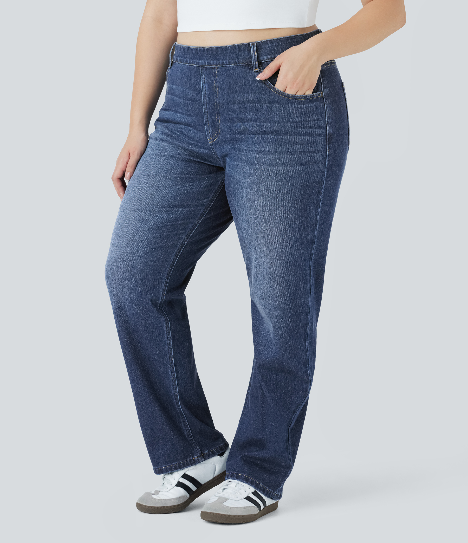 FlexHigh Waisted Pockets Straight Leg Washed Casual Plus Size Jeans